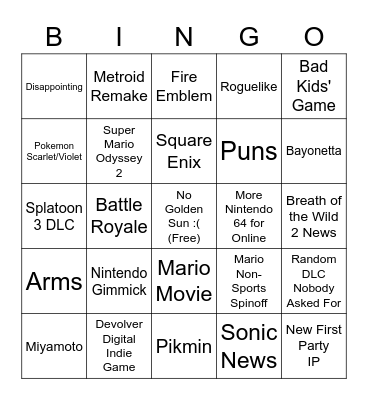 Nintendo Direct 9/12/2022 Bingo Card