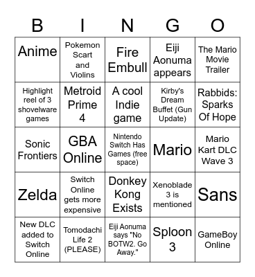 Nintendo Direct Bingus Card Bingo Card