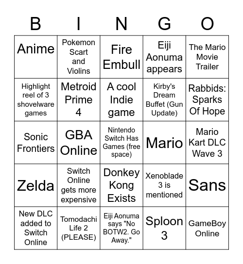 Nintendo Direct Bingus Card Bingo Card