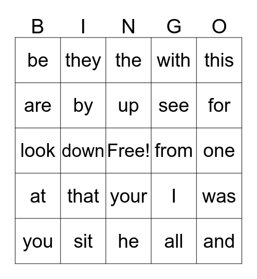 Sight Word Bingo Card