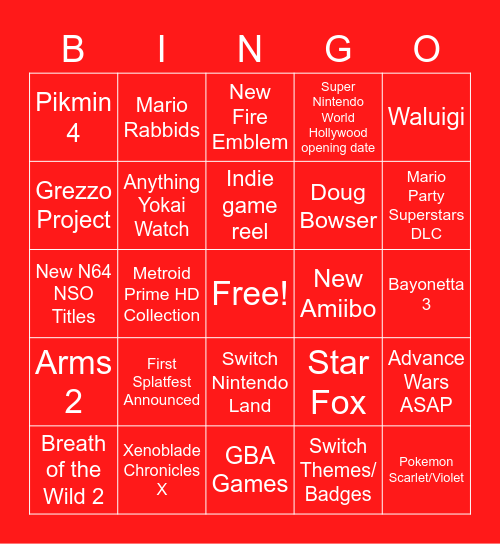 Nintendo Direct - September 2022 Bingo Card