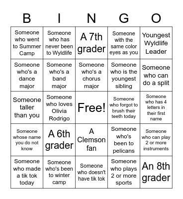 Young Life Bingo Card