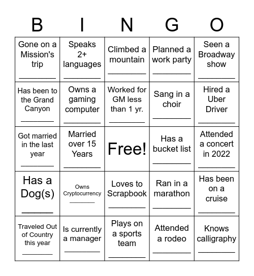 GET TO KNOW YOU BINGO Card