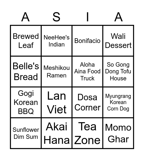 APSDA Food Bingo Card