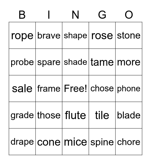 Magic E Bingo Card