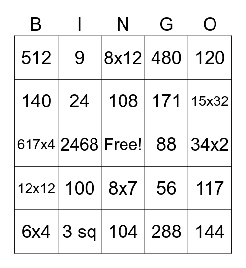 Multiplication Bingo Card