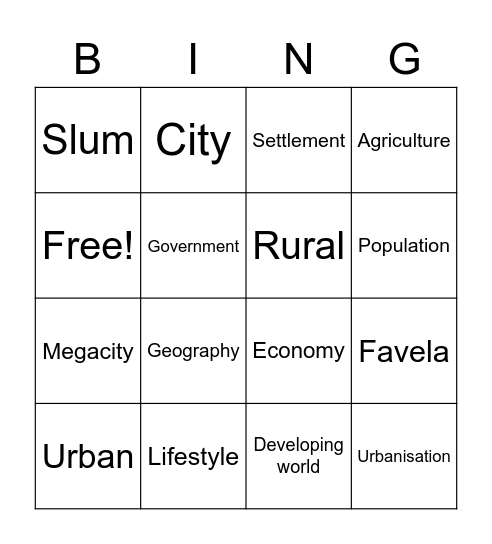 Urbanisation Bingo Card