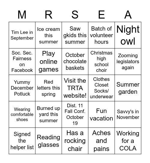 MRSEA Bingo Card