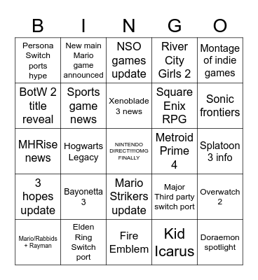 Nintendo Direct BINGO 9.12.22 Bingo Card
