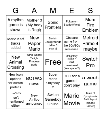 Nintendo Direct 9.13.2022 Bingo Card