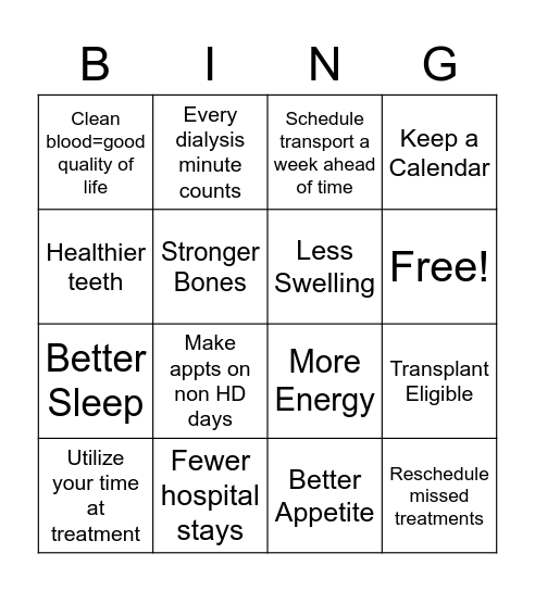 Missed Treatment Bingo Card