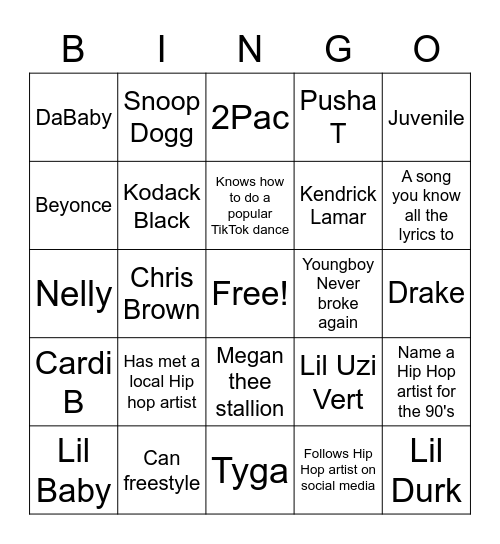 Hip hop bingo Card