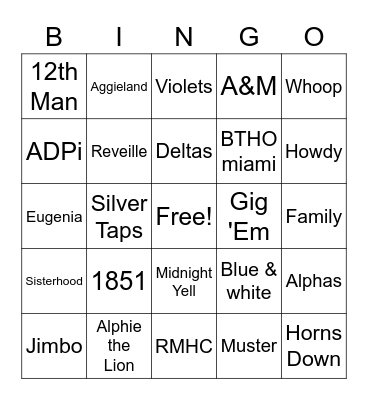 ADPi Family Weekend Bingo Card