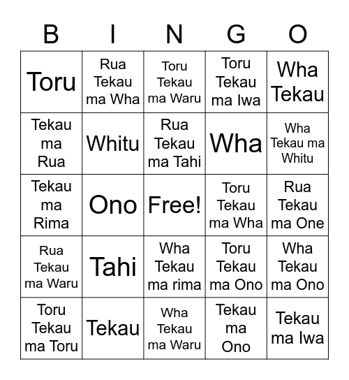 Te Reo Maori Bingo Card