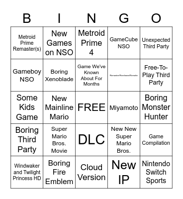 September 2022 Nintendo Direct Bingo Card