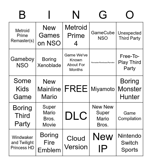 September 2022 Nintendo Direct Bingo Card