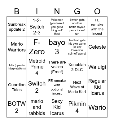 Nintendo direct hard mode Bingo Card