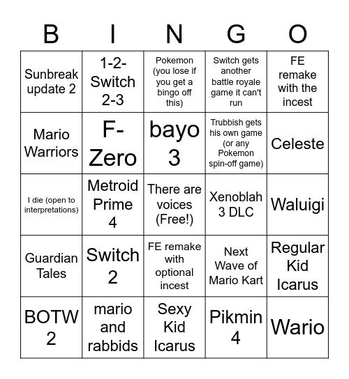 Nintendo direct hard mode Bingo Card