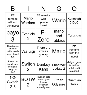 Nintendo direct hard mode Bingo Card