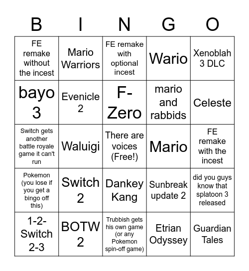 Nintendo direct hard mode Bingo Card