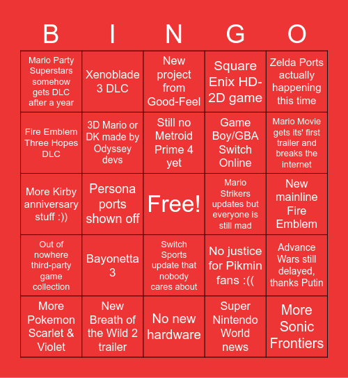 Nintendo Direct September 2022 Bingo Card