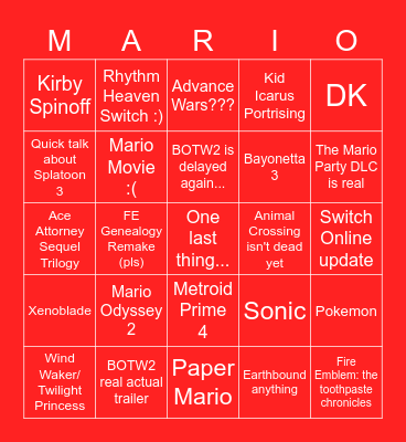 NINTENDO DIRECT SEPT 2022 Bingo Card