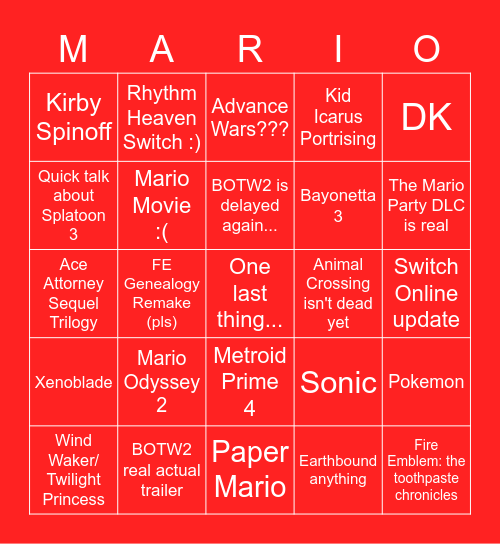 NINTENDO DIRECT SEPT 2022 Bingo Card