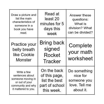 Homework Bingo Card