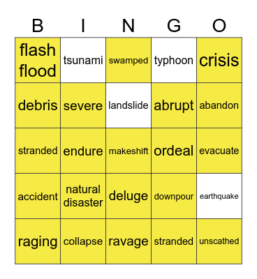 Natural Disaster Vocabulary Bingo Card