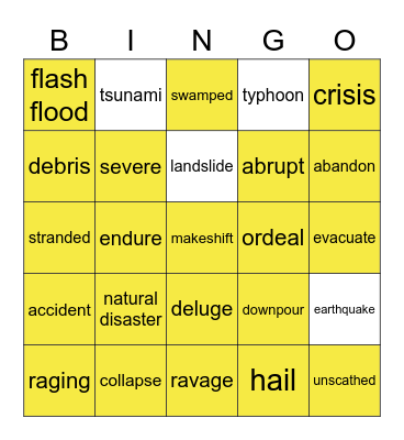 Natural Disaster Vocabulary Bingo Card