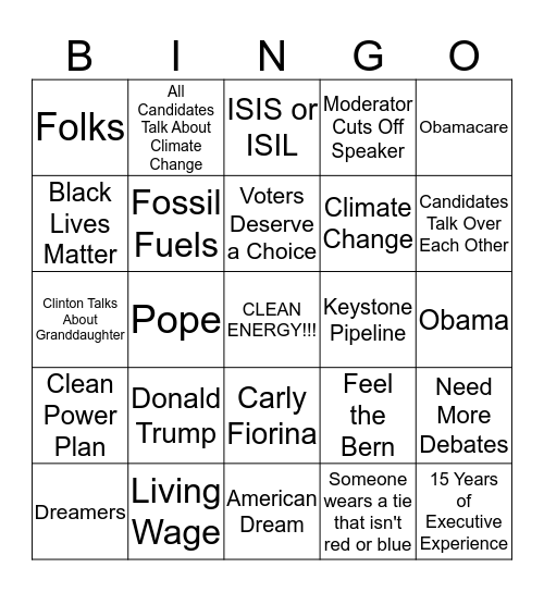 NextGen Climate Democratic Debate Bingo Card