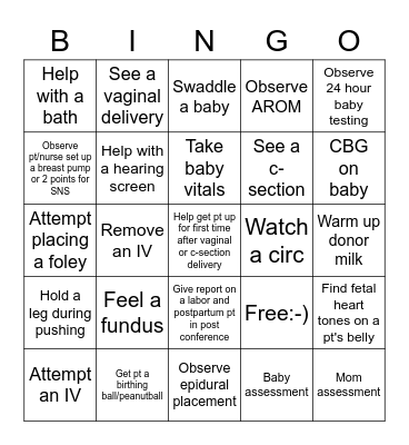 OB Clinical BINGO Card
