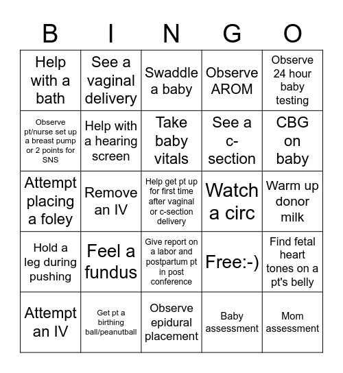 OB Clinical BINGO Card