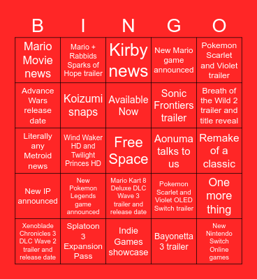 Nintendo Direct 9/13/22 Bingo Card