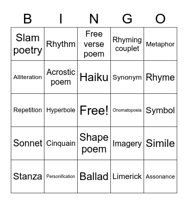Poetry Terms Bingo Card