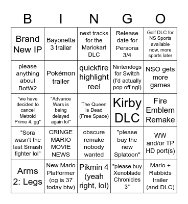 Nintendo Direct 13/09 Bingo Card