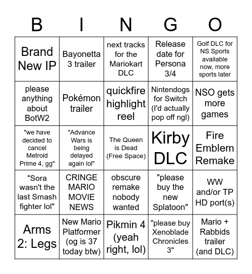 Nintendo Direct 13/09 Bingo Card