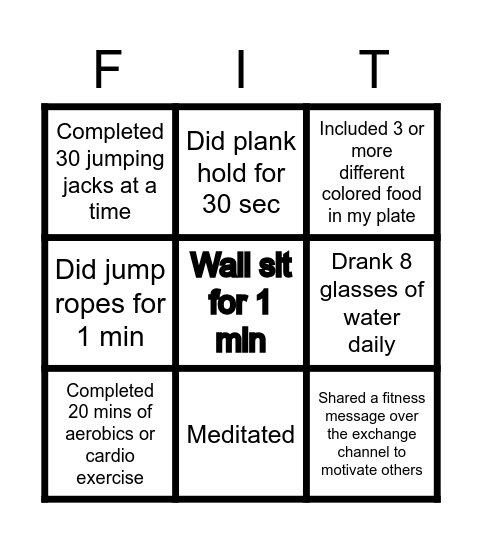 Fitness Bingo Card