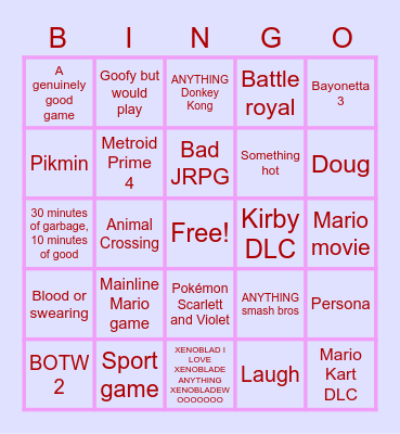 Nintendo Direct Bingo Card