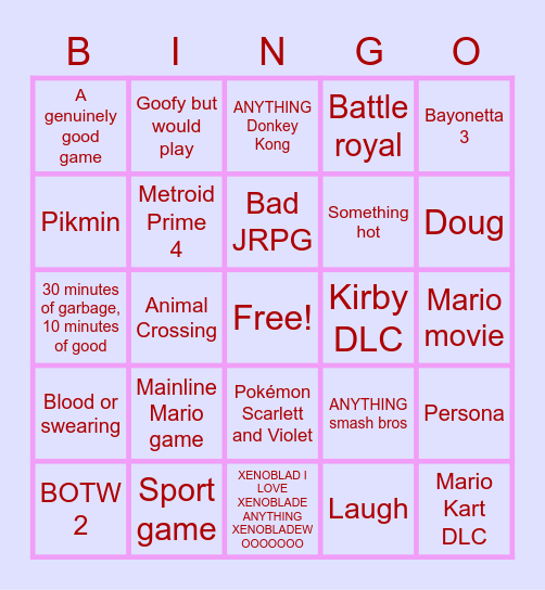 Nintendo Direct Bingo Card