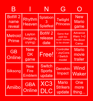 Nintendo Direct Bingo Card