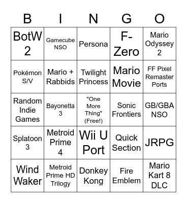 Nintendo Direct 13/9/22 Bingo Card