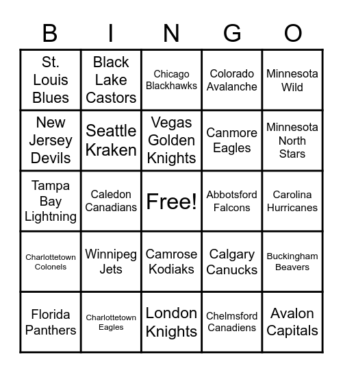 44 - Hockey Teams Bingo Card