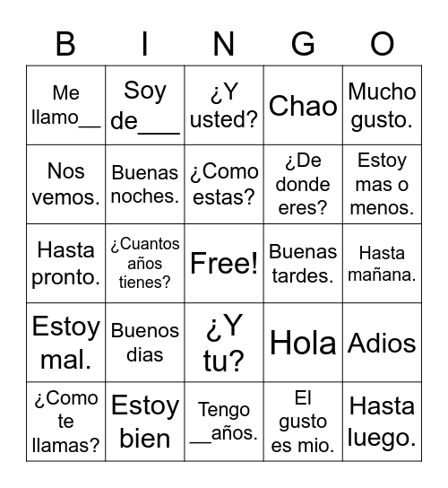 Spanish Greetings and Introductions Bingo Card