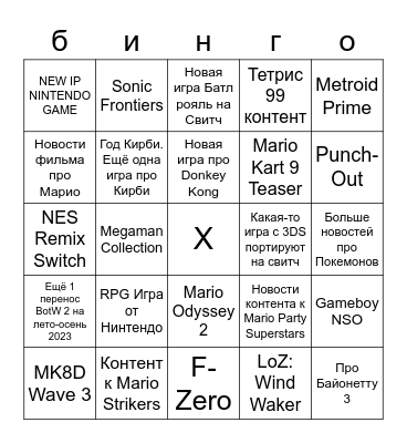 Nintendo Direct Bingo Card