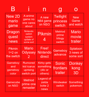 Nintendo Direct Bingo Card