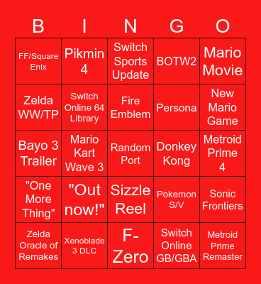 Nintendo Direct 9/13/22 Bingo Card