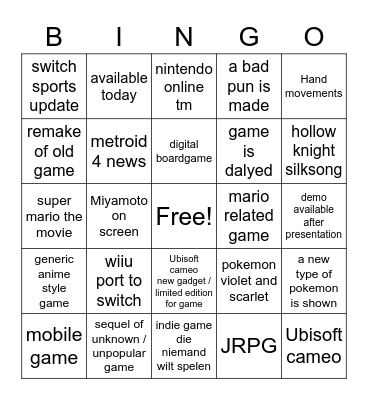 Nintendo direct bingo Card