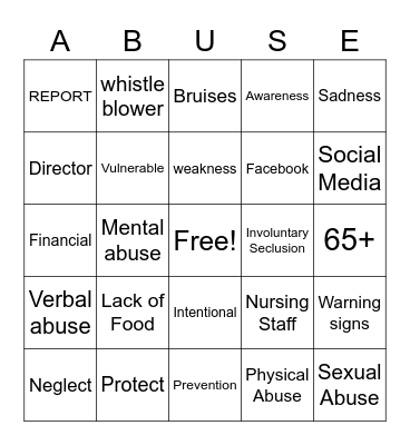 Elder Abuse Bingo Card