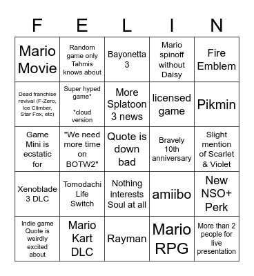 Nintendo Direct Bingo Card